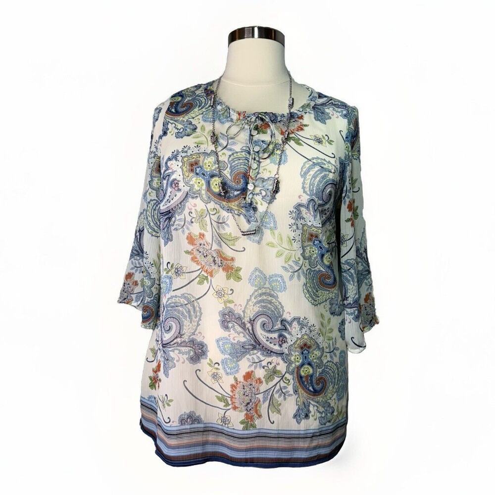 Liz Claiborne Blouse Women’s Size 1X White Multi Paisley Print Top 3/4 Sleeves - Picture 1 of 11